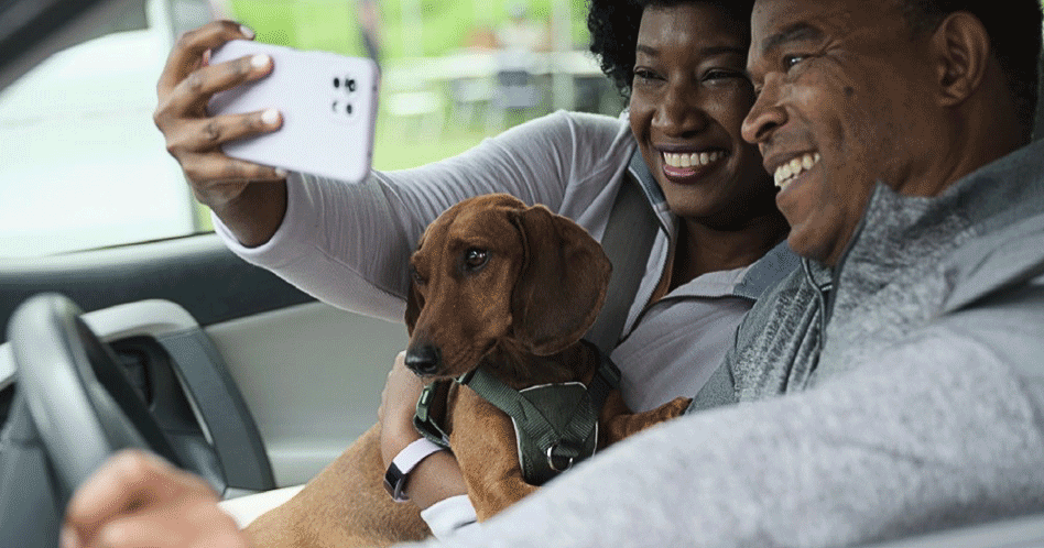 Couple with their dog taking a selfie